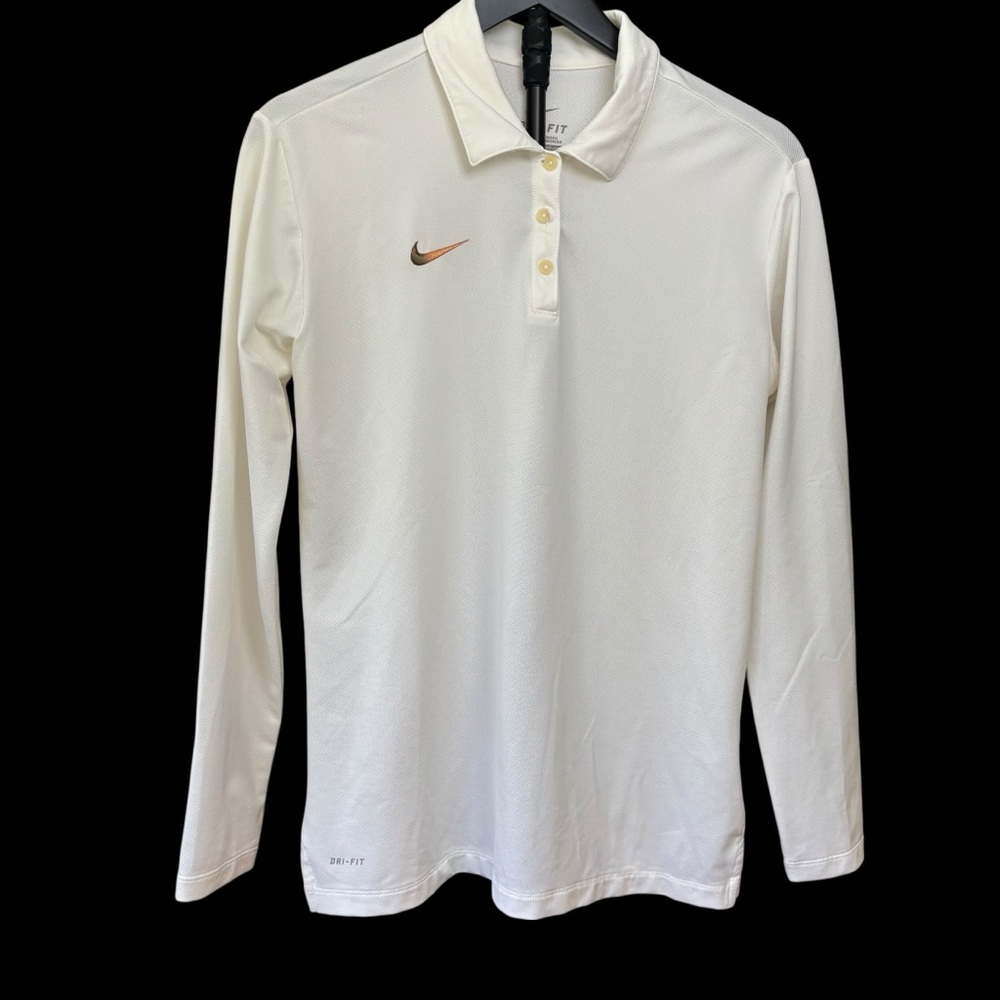 Nike Dri Fit White w/ Gold Logo Long Sleeve Collared Polo Women’s L Golf - Picture 2 of 8
